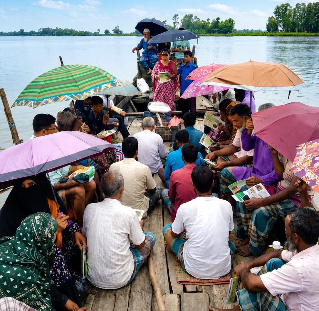 নৌকায় বসেই গ্রাম আদালত বিষয়ে মৎস্যজীবীদের সচেতনতামূলক ব্যতিক্রমী বৈঠক