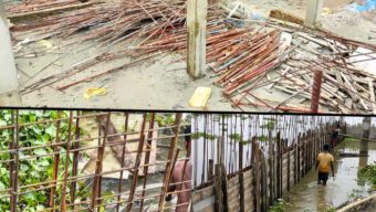 শাল্লা মডেল মসজিদ নির্মাণে অনিয়মের মহোৎসব: পানির মধ্যে রড ছাড়াই চলছে রিটেইনিং ওয়ালের কাজ!