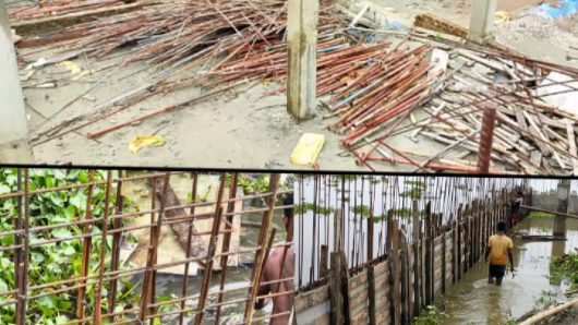 শাল্লা মডেল মসজিদ নির্মাণে অনিয়মের মহোৎসব: পানির মধ্যে রড ছাড়াই চলছে রিটেইনিং ওয়ালের কাজ!