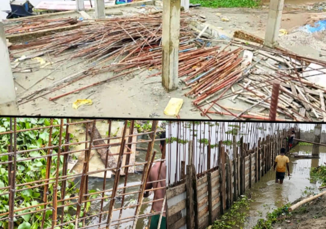 শাল্লা মডেল মসজিদ নির্মাণে অনিয়মের মহোৎসব: পানির মধ্যে রড ছাড়াই চলছে রিটেইনিং ওয়ালের কাজ!